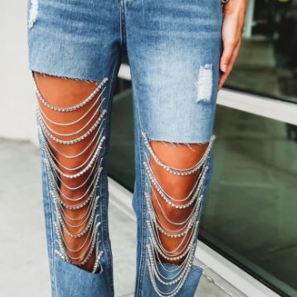 Open Panel High Rise Distressed Rhinestone Jeans - Picture 2 of 5